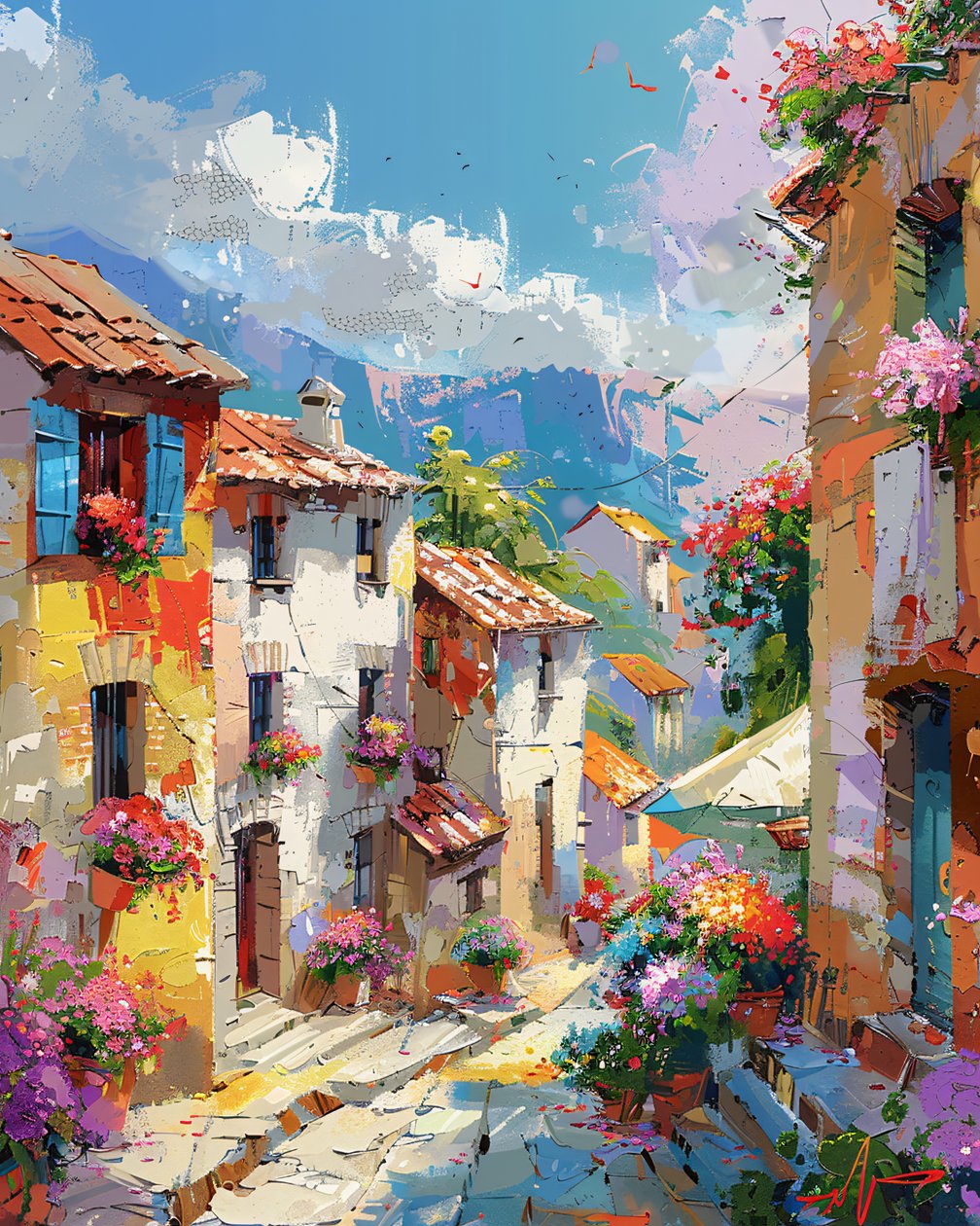 Abstract painting: colorful houses in an old traditional city by F. Abderrahim
