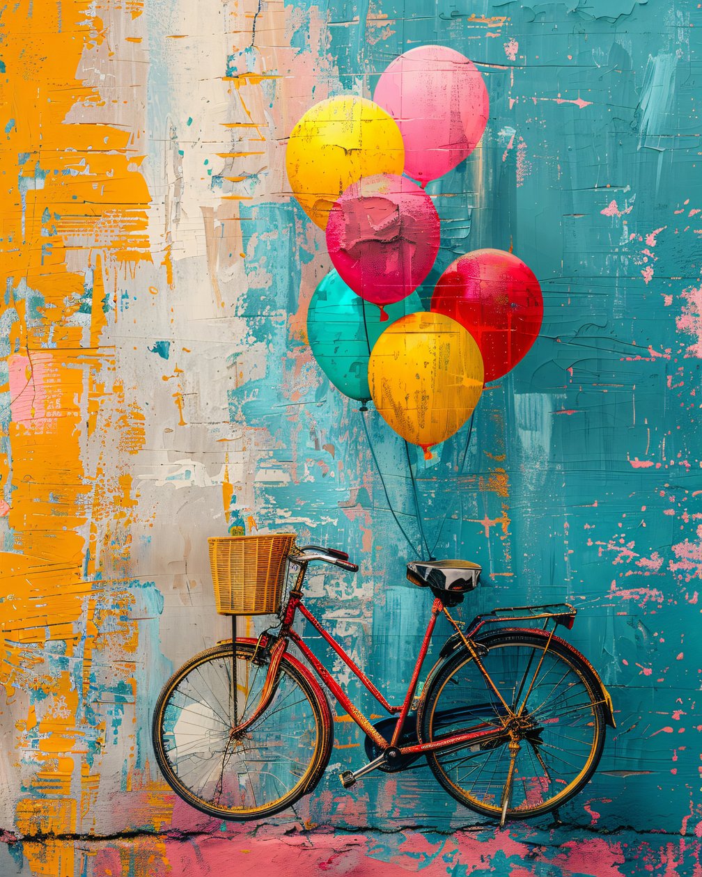 Abstract primitive painting: Bike rising with balloons by F. Abderrahim