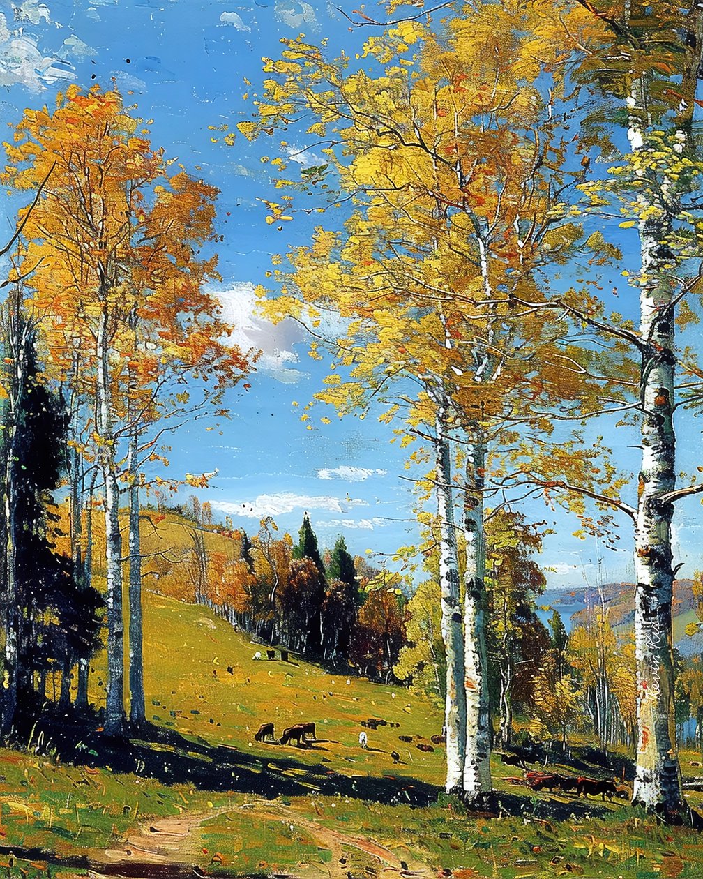 Landscape with a Birch Forest and Vibrant Foliage, Wall Decor for Any Room by F. Abderrahim