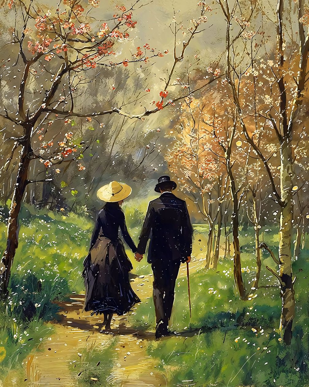A man and a beautiful woman in love walking in the middle of a forest by F. Abderrahim