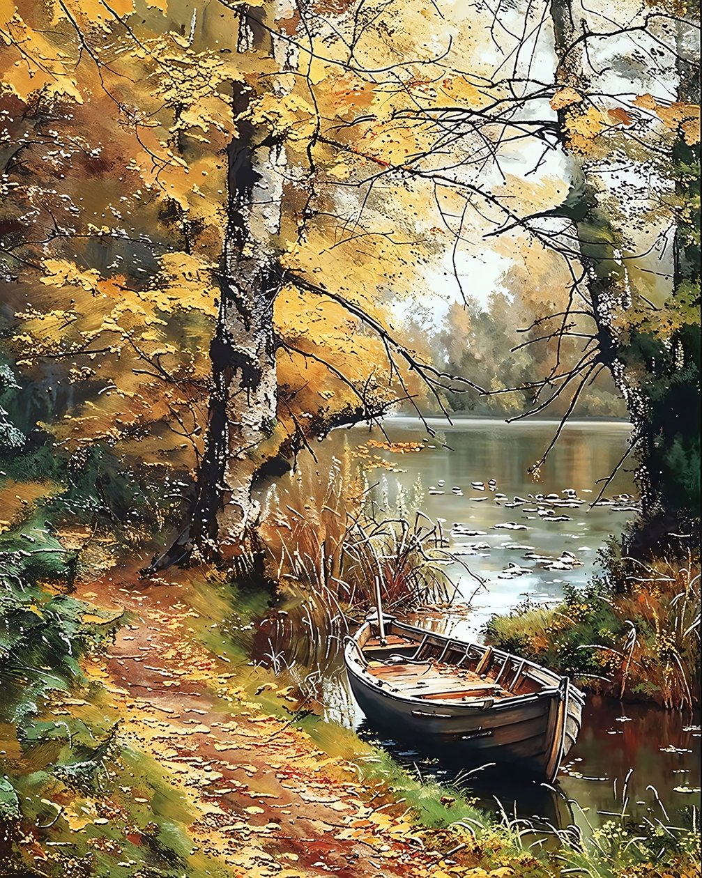 A wooden boat in the middle of an enchanted lake by F. Abderrahim