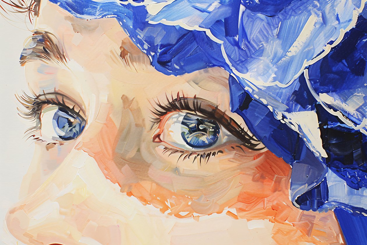 Realistic oil painting cinematic indigo, Female blue eye close up by F. Abderrahim