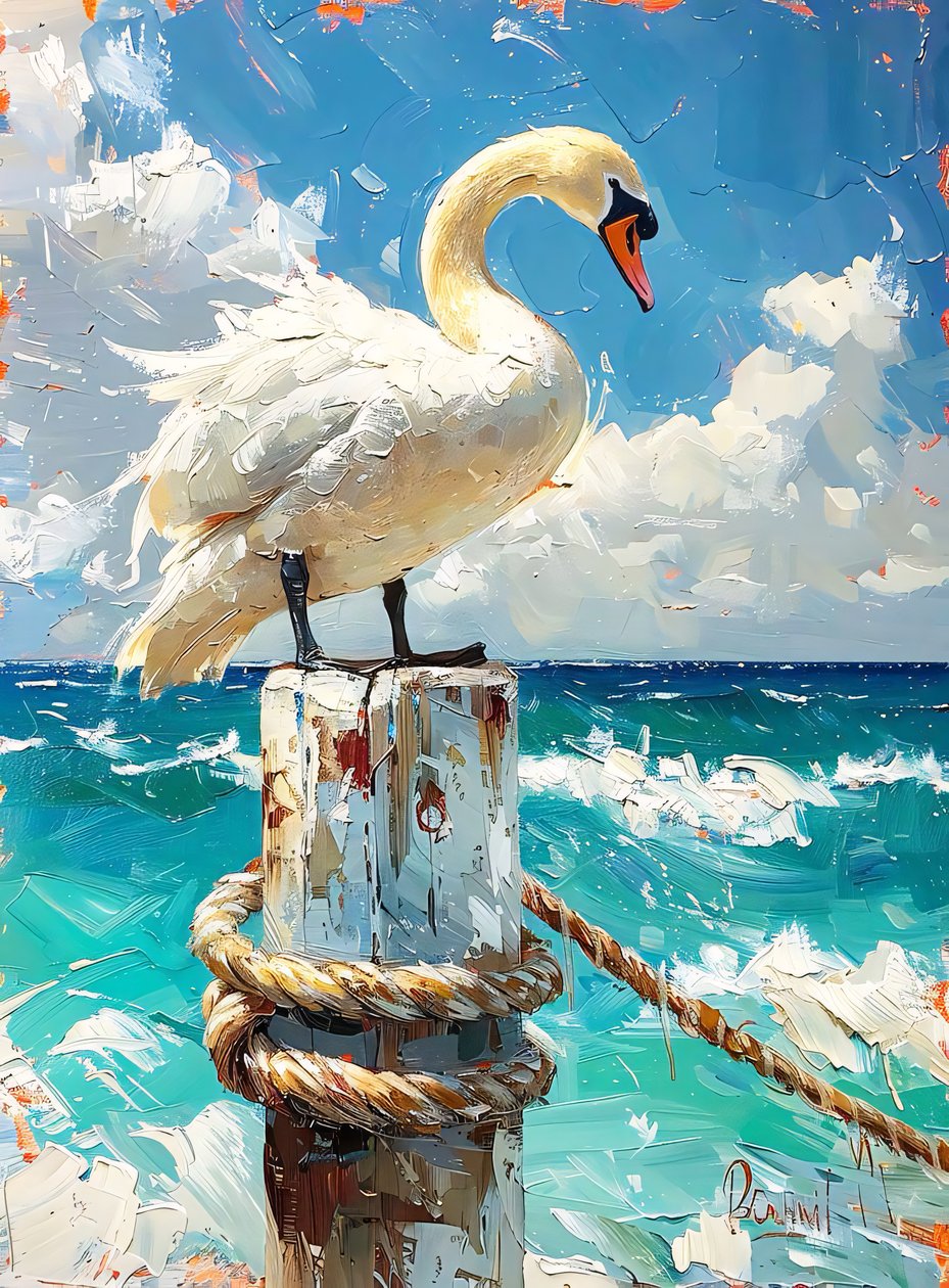 White migratory bird, geese by the sea, blue colors by F. Abderrahim