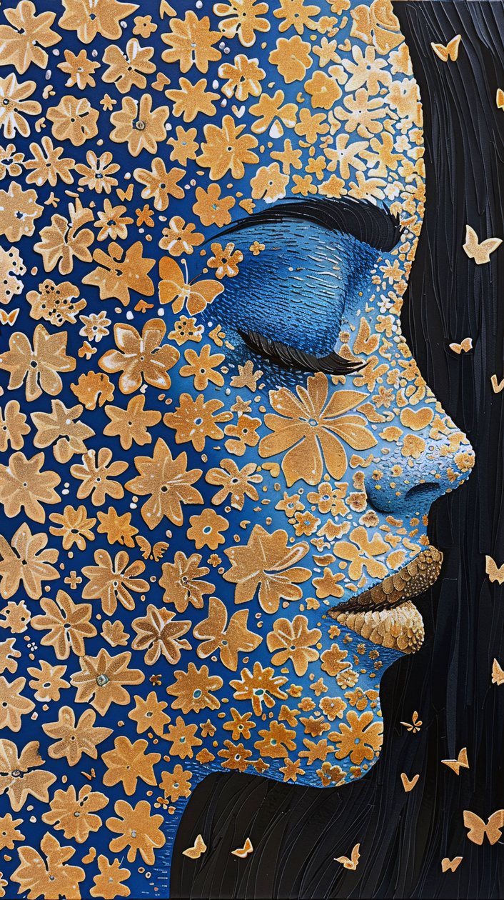 Woman face, Gold foil Robotic Rangoli flower power by F. Abderrahim