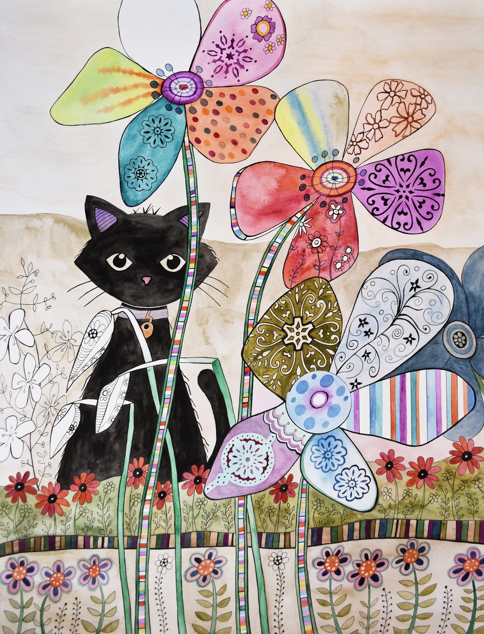 Cat Behind Flowers by Marys Watercolors