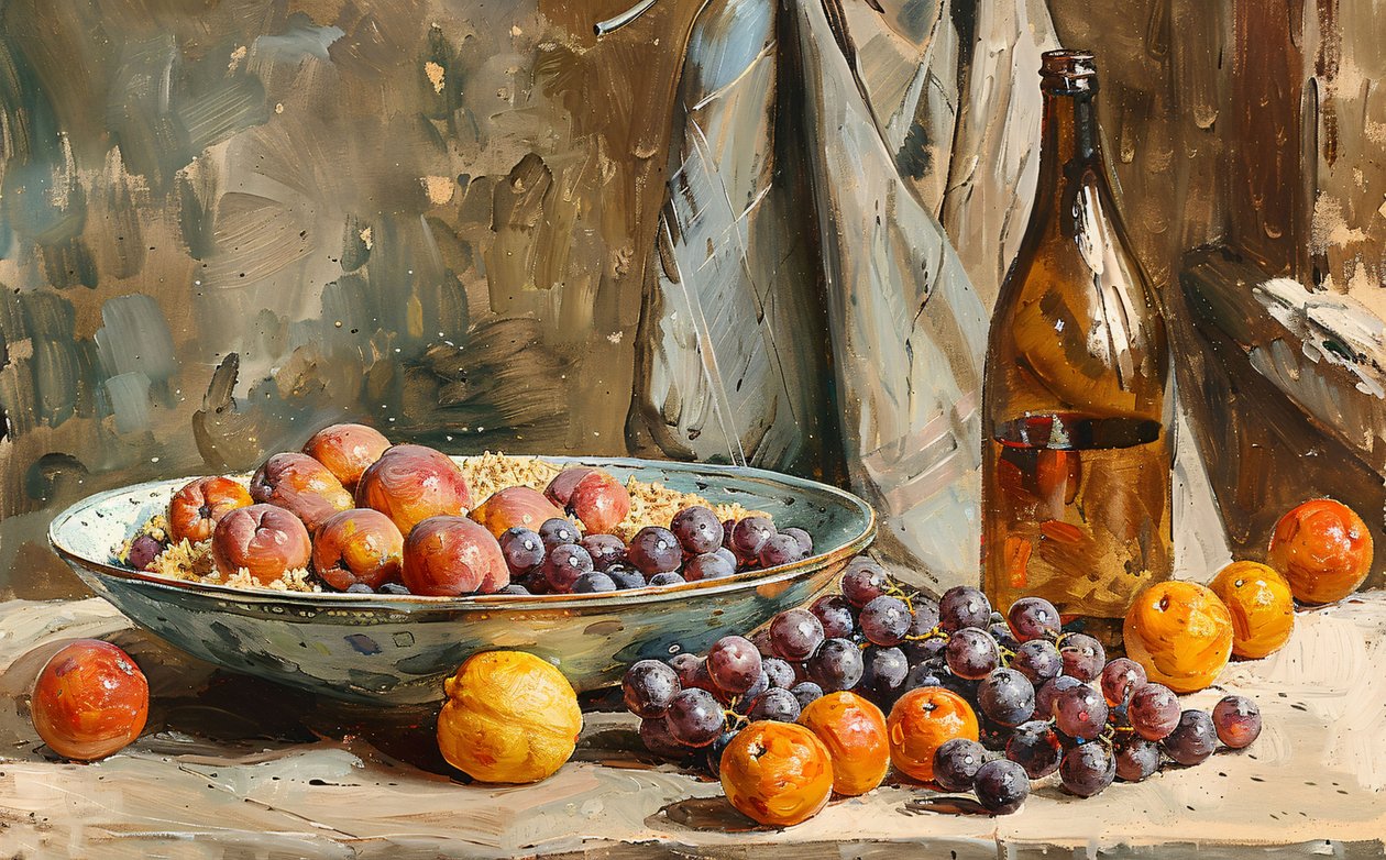 A still life, fruits & bottle of wine by F. Abderrahim