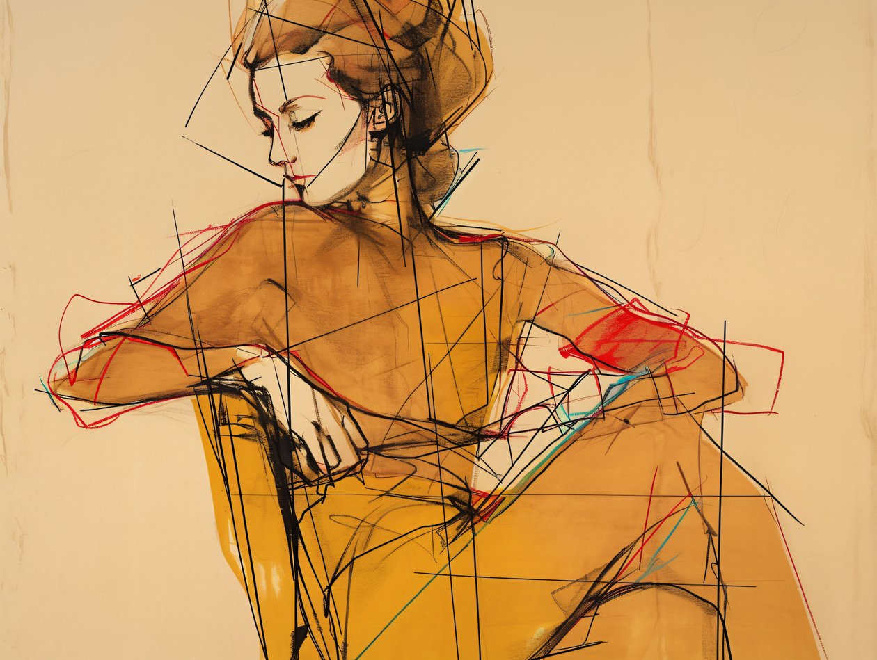 Fashion Illustration & Drawing of a Woman Sitting, Portrait in Elegant Brown Dress by F. Abderrahim