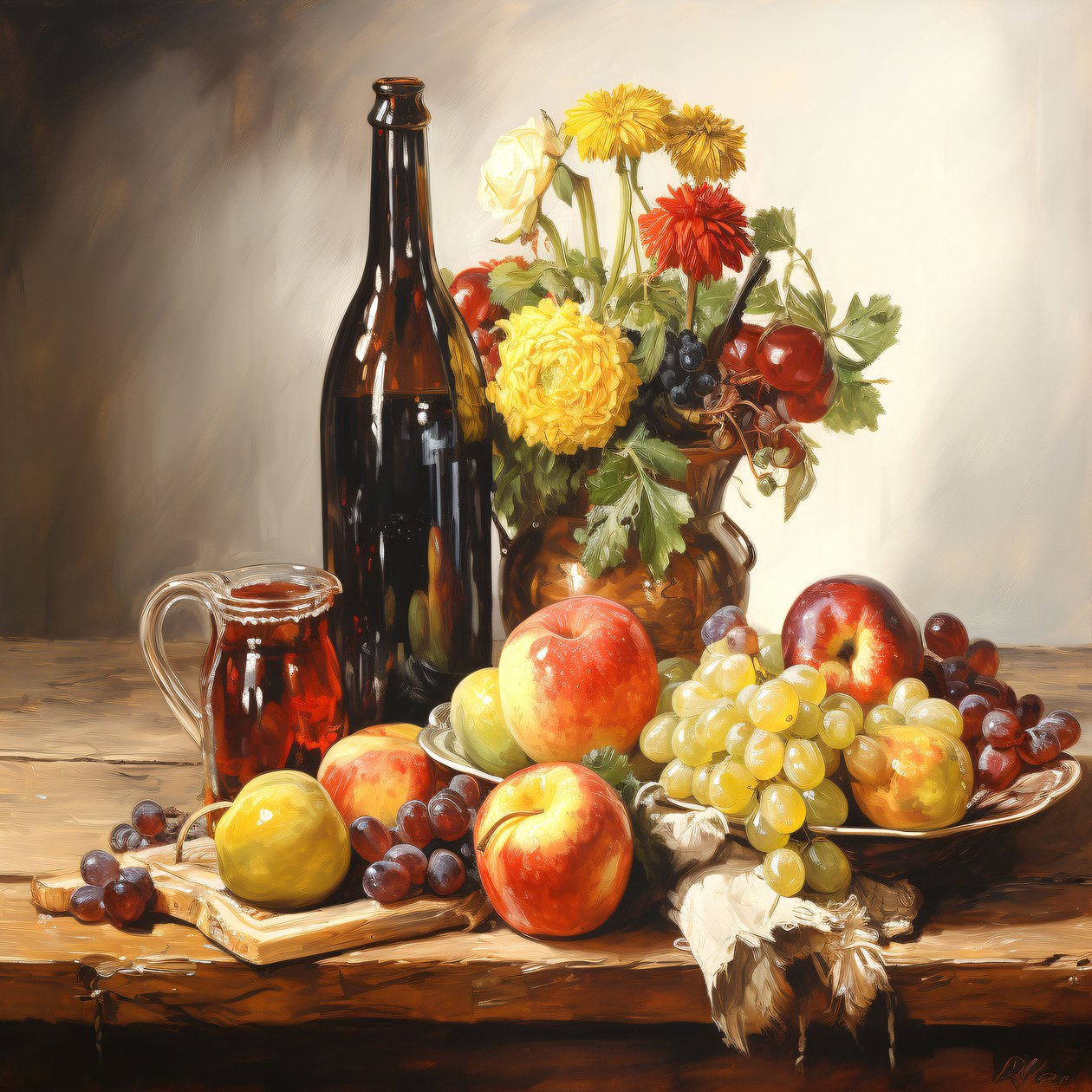 Still Life Painting, Flowers, Fruits & Wine by F. Abderrahim