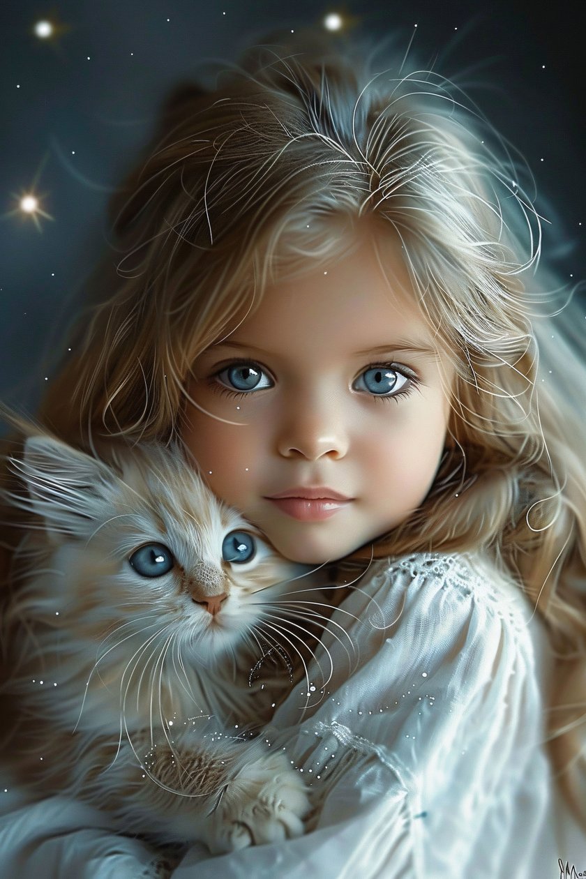 The Girl and Her Cat, A Bond of Big Blue Eyes and Love by F. Abderrahim