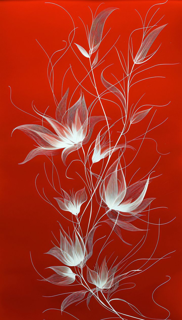 White Line Art of Plants and Flowers on a Vibrant Red Background by F. Abderrahim