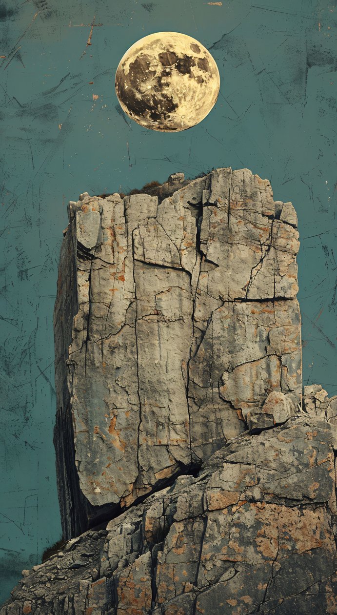 Yellow Moon Over a Rock, Desert Rocky Mountain American Landscape by F. Abderrahim