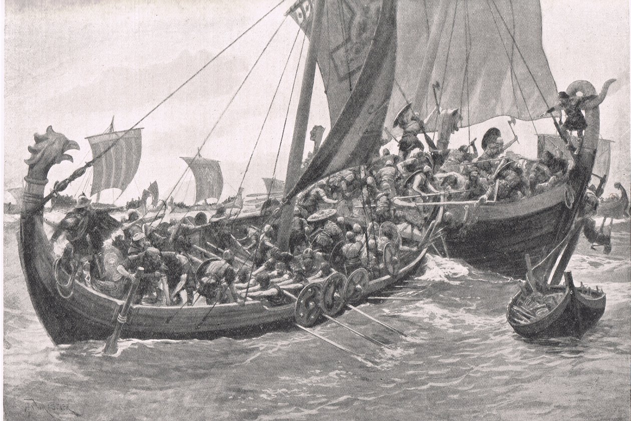 Britains First Naval Battle, illustration from British Battles on Land and Sea, published by Cassell, London, c.1910 by A. Forrestier