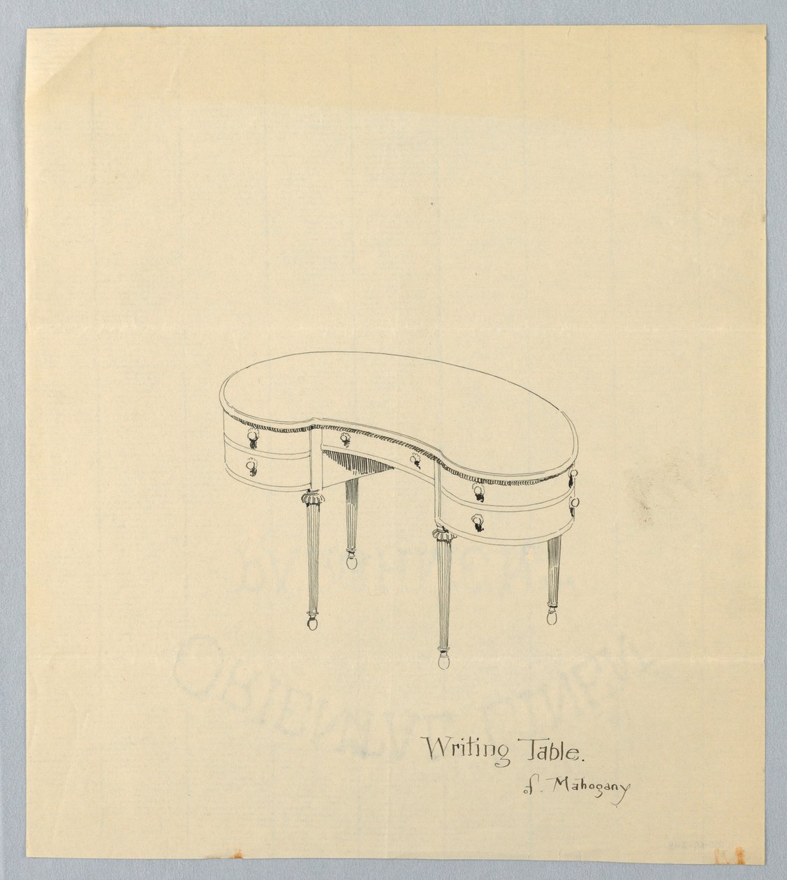 Design for Kidney-Shaped Writing Table with Pear-Shaped Feet by A.N. Davenport Co.