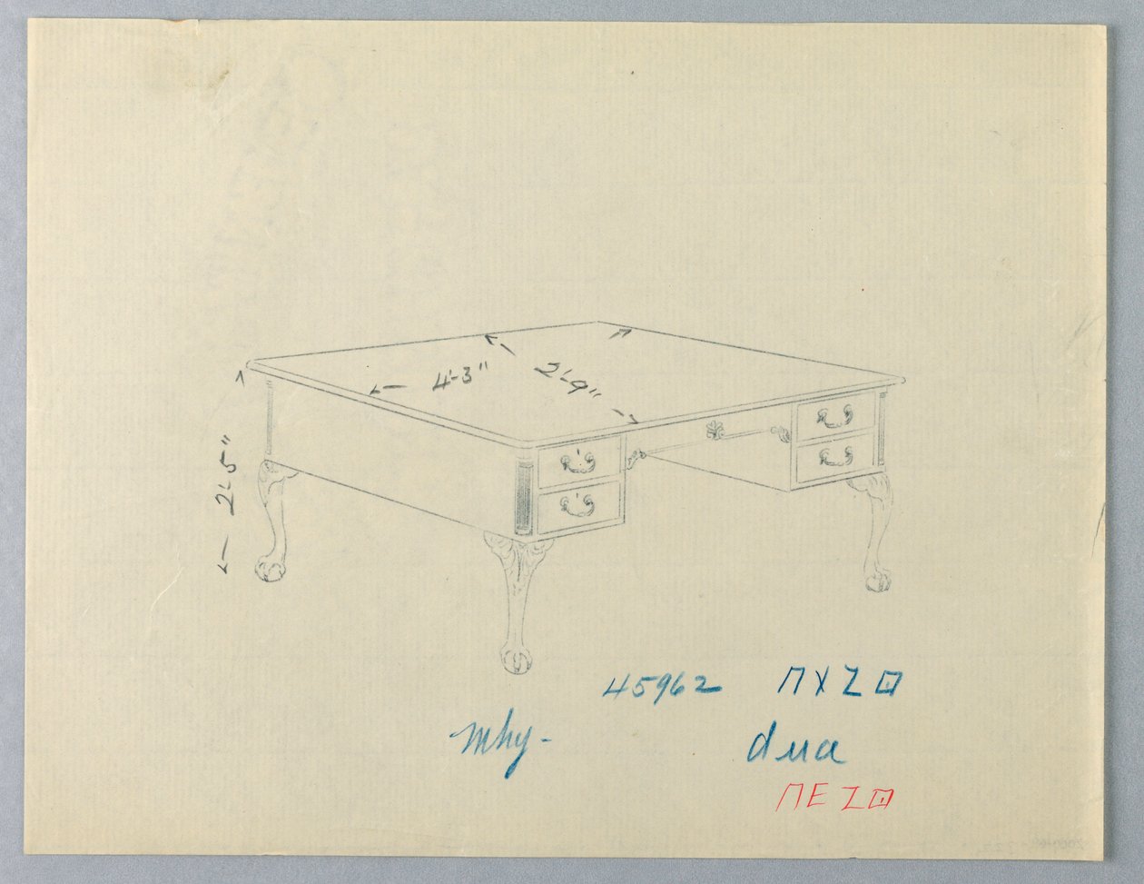 Design for Library Table with Lion-Paw Feet by A.N. Davenport Co.