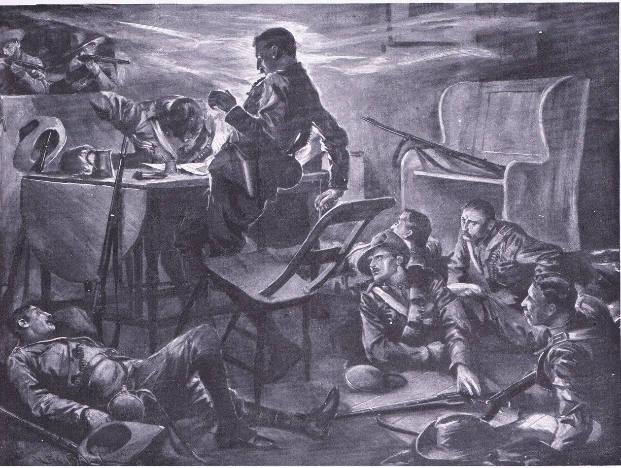The killing of two men of Comptons Horse while writing letters home (illustration from After Pretoria: The Guerilla War, 1902) by A. C. Ball