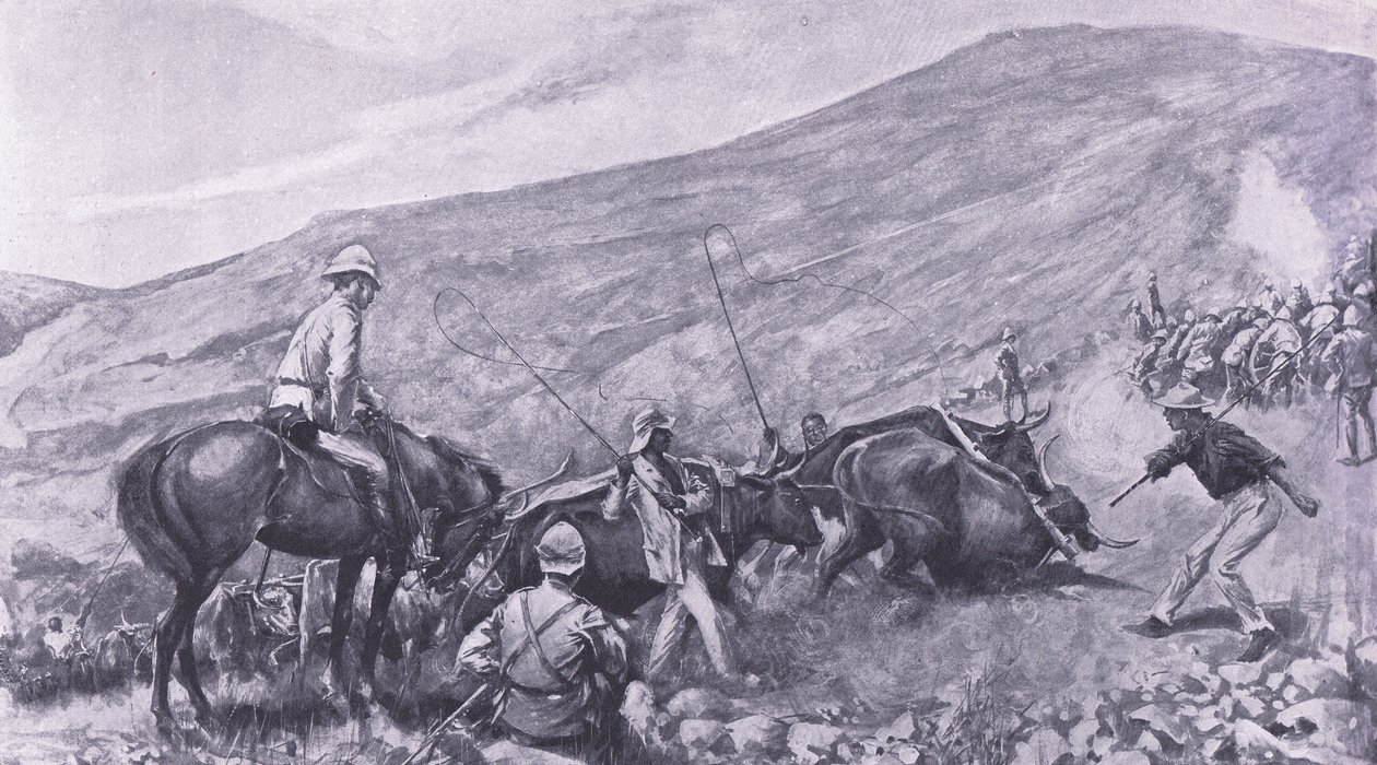 Transport difficulties at Barberton: How the guns and wagons were got up the mountains (illustration from After Pretoria: The Guerilla War, 1902) by A. C. Ball