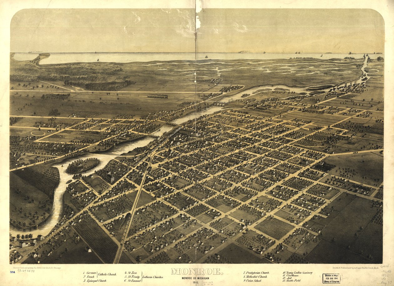 Monroe, Monroe Co., Michigan 1866 by A.; Chicago Lithographing Co. Ruger