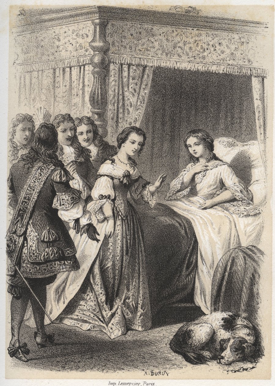 Madame Deshoulieres, Antoinette Ligier de La Garde (1637-1694) Overwhelmed with Questions by Her Entourage After a Night Spent with the Fear of the Ghost. Engraving by A. Duruy in 