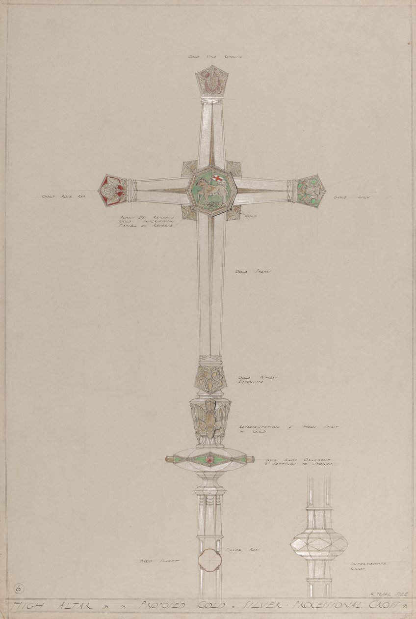 High Altar: proposed gold and silver processional cross, actual size by A. Edward Jones and Co.