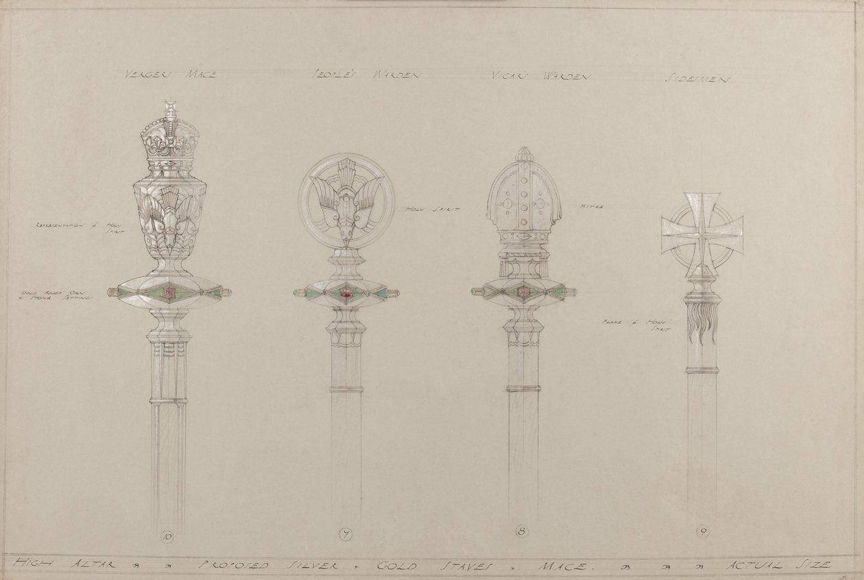 High Altar: proposed gold and silver staves and maces, actual size by A. Edward Jones and Co.