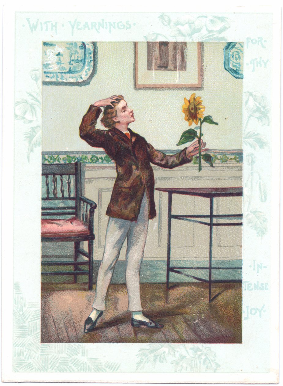 The Flower Gazer Victorian Greeting Card of an Aesthetic Adoring a Sunflower in Ecstasy, c.1881 by A. Ludovici