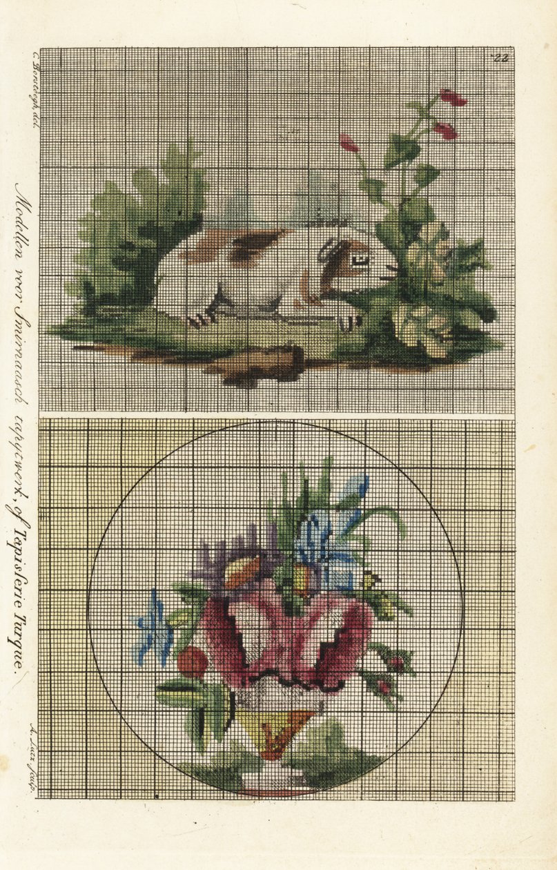 Patterns for Turkish tapestry: guinea pig in a garden and bouquet of flowers in a vase by A. Lutz