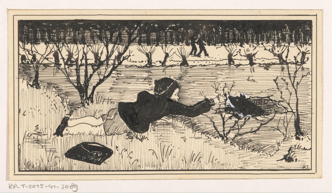 Girl Trying to Rescue Dog from Ice Hole by A. Tinbergen (signed by artist)