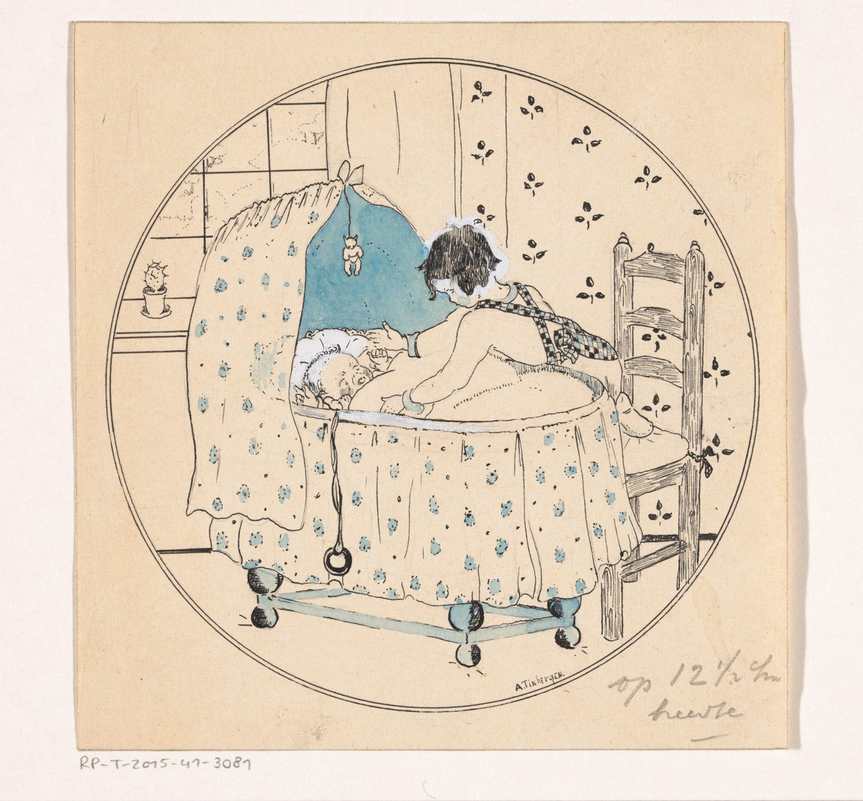 Girl Trying to Lift Baby from Cradle by A. Tinbergen (signed by artist)
