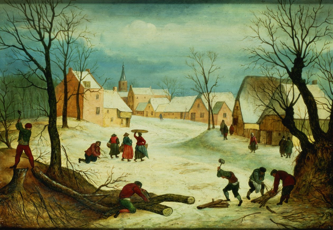 Winter Landscape with Peasants Chopping Wood by Abel Grimmer or Grimer