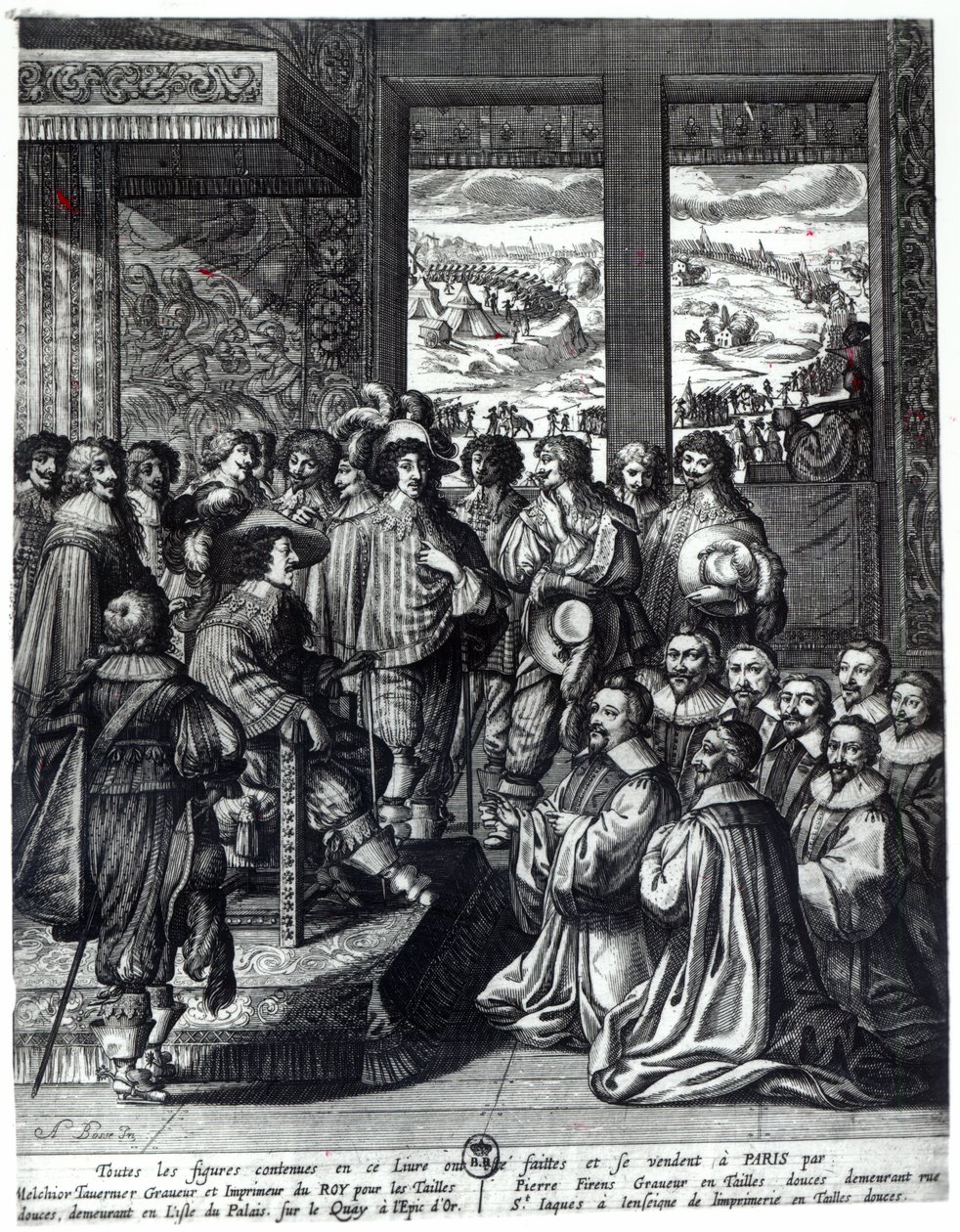 Louis XIII (1601-43) back from the siege of La Rochelle, congratulated by the Prevot des Marchands by Abraham Bosse