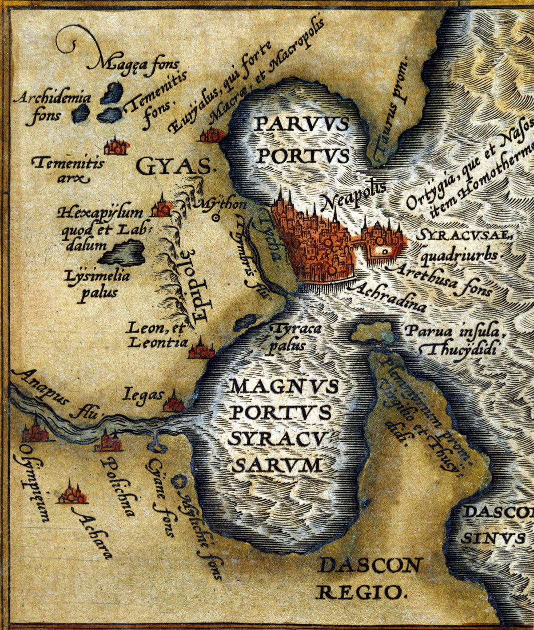 The ancient port of Syracuse in Sicily after the Atlas of Abrahm Ortelius by Abraham (after) Ortelius