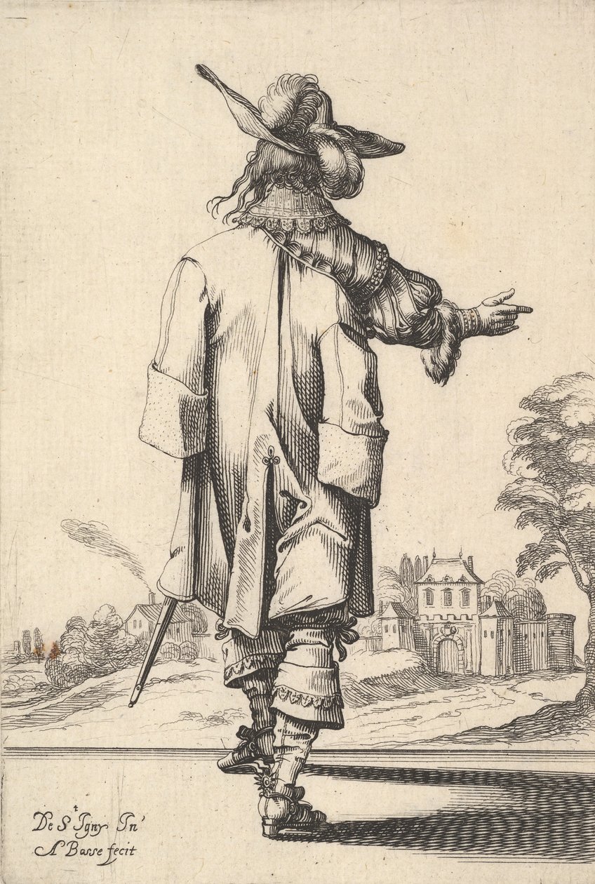 A Gentleman, Seen from Behind, with His Right Arm Outstretched and a Cloak Over His Left Shoulder, 1629 by Abraham Bosse