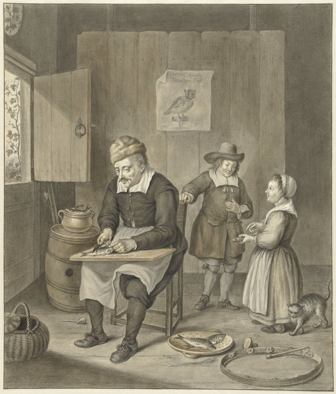 Interior with Man Cleaning Fish and Two Children by Abraham Delfos