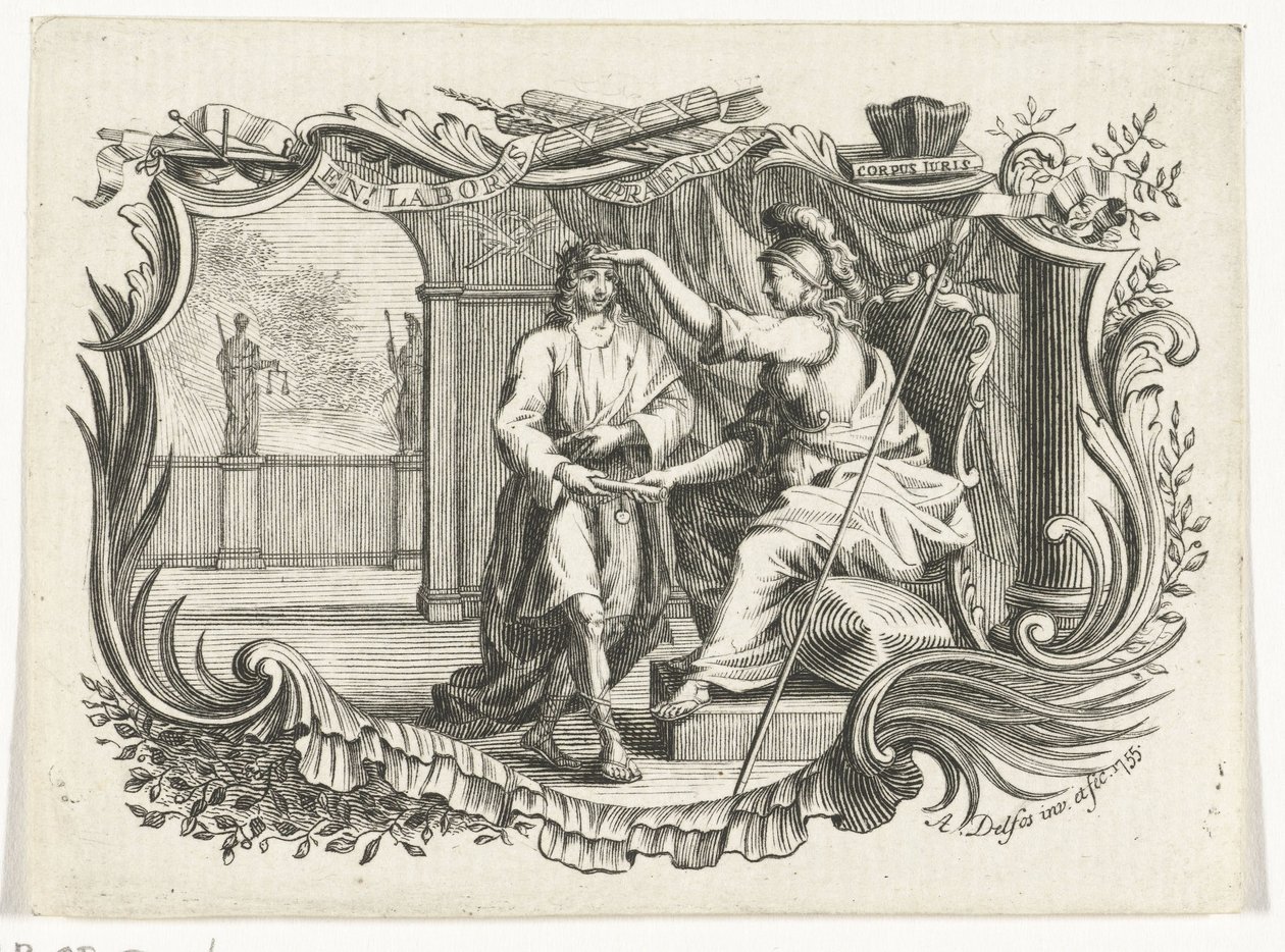 Minerva Rewarding or Honoring a Man for His Work, in Cartouche by Abraham Delfos
