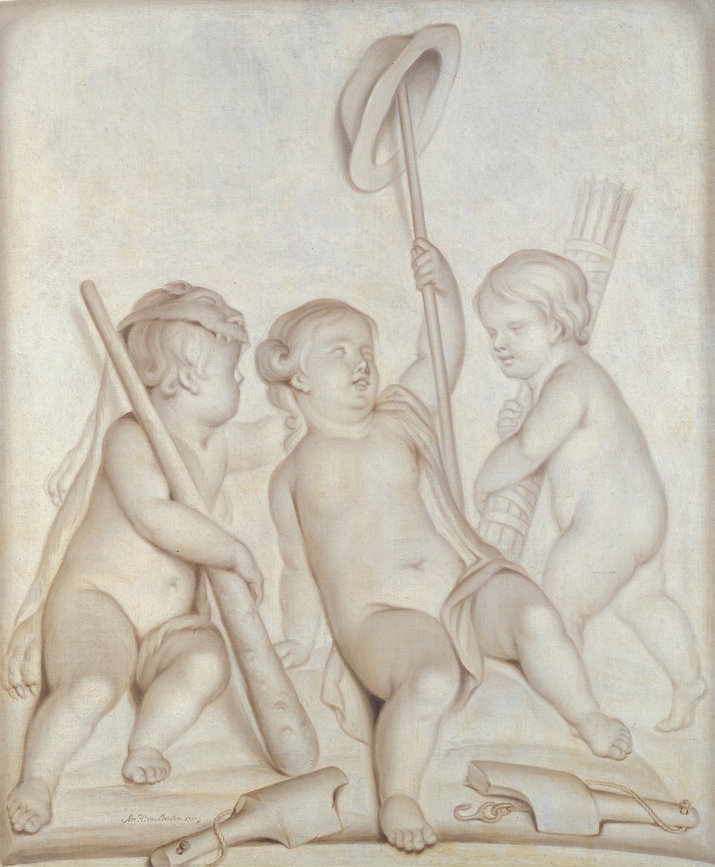 The Three Cherubs, Putti with the attributes to Hercules and Mercury by Abraham Hendrick van Beesten