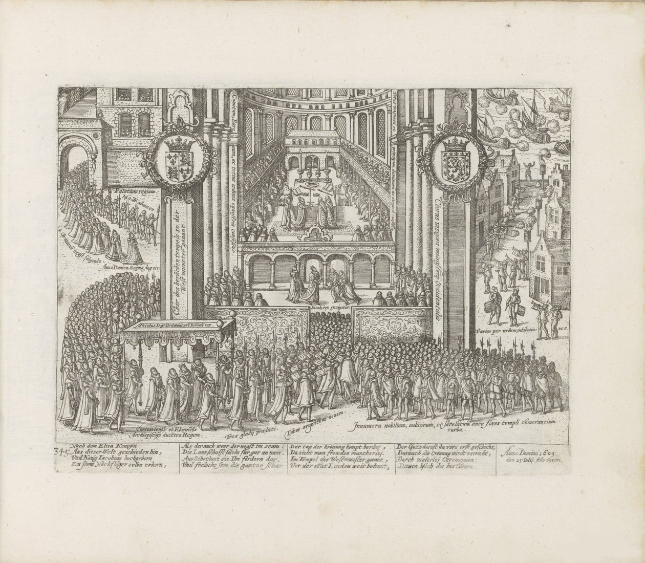 View of the exterior of Westminster Abbey during the coronation of James I by Abraham Hogenberg