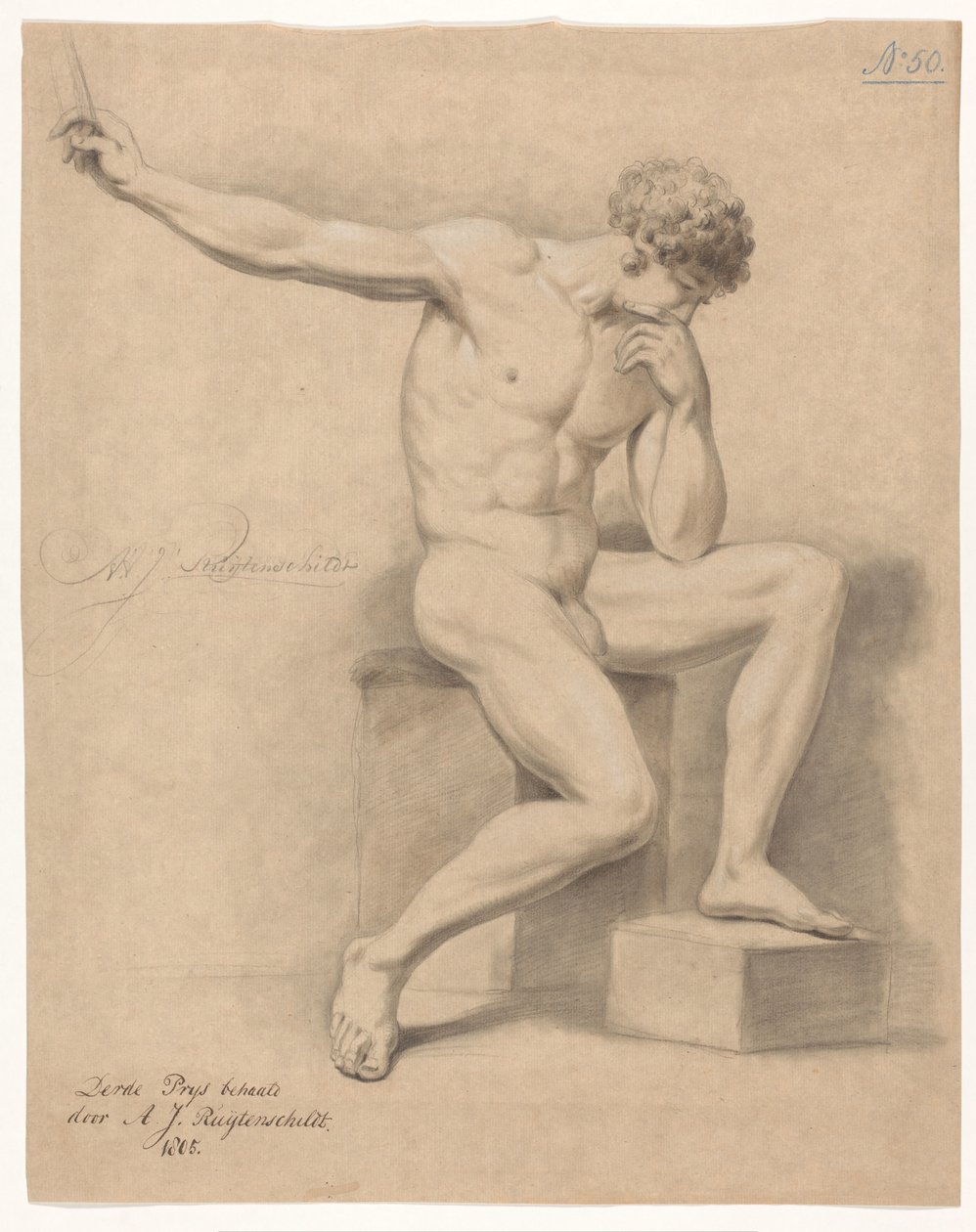 Seated Male Nude, Seen from the Front (3rd Prize 1805) by Abraham Johannes Ruytenschildt