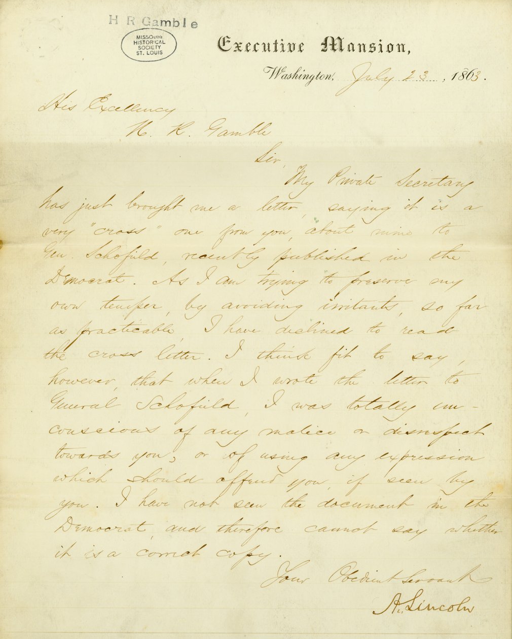 Letter signed A. Lincoln, Executive Mansion, Washington, to His Excellency, H.R. Gamble, July 23, 1863 by Abraham Lincoln