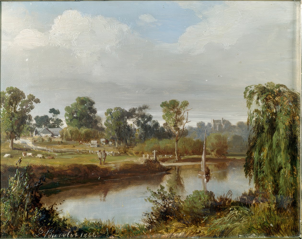 River with Sailing Boat (Australian Countryside, Melbourne Area) by Abraham Louis Buvelot