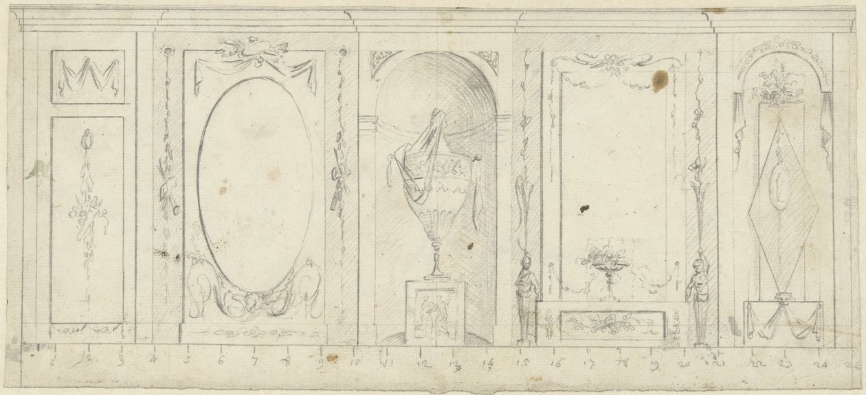 Design for Room Decoration with Five Panels, the Middle One with Ornamental Vase by Abraham Meertens