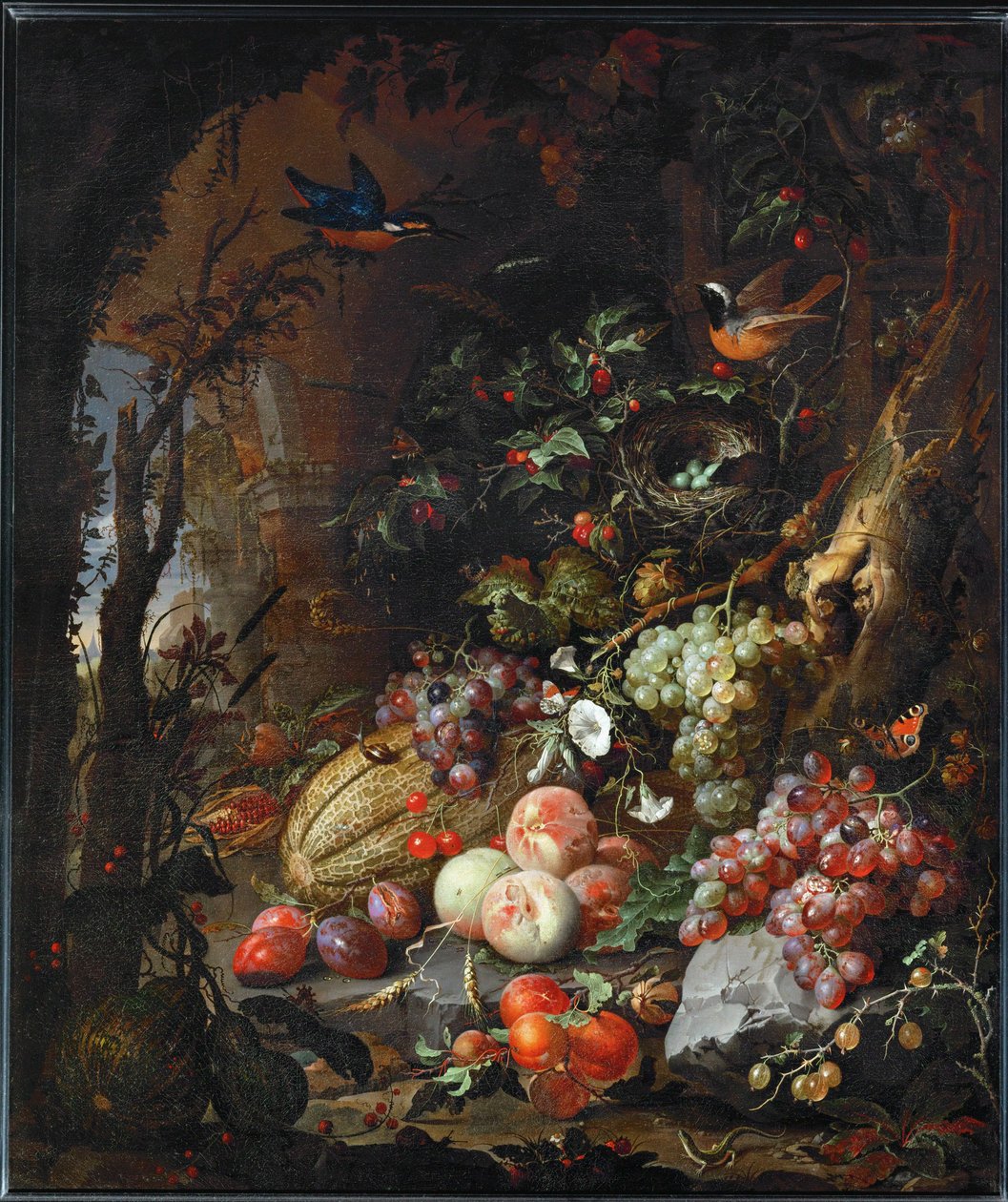 Flowers, Fruits, Birds and Insects in a Landscape with Ruins by Abraham Mignon