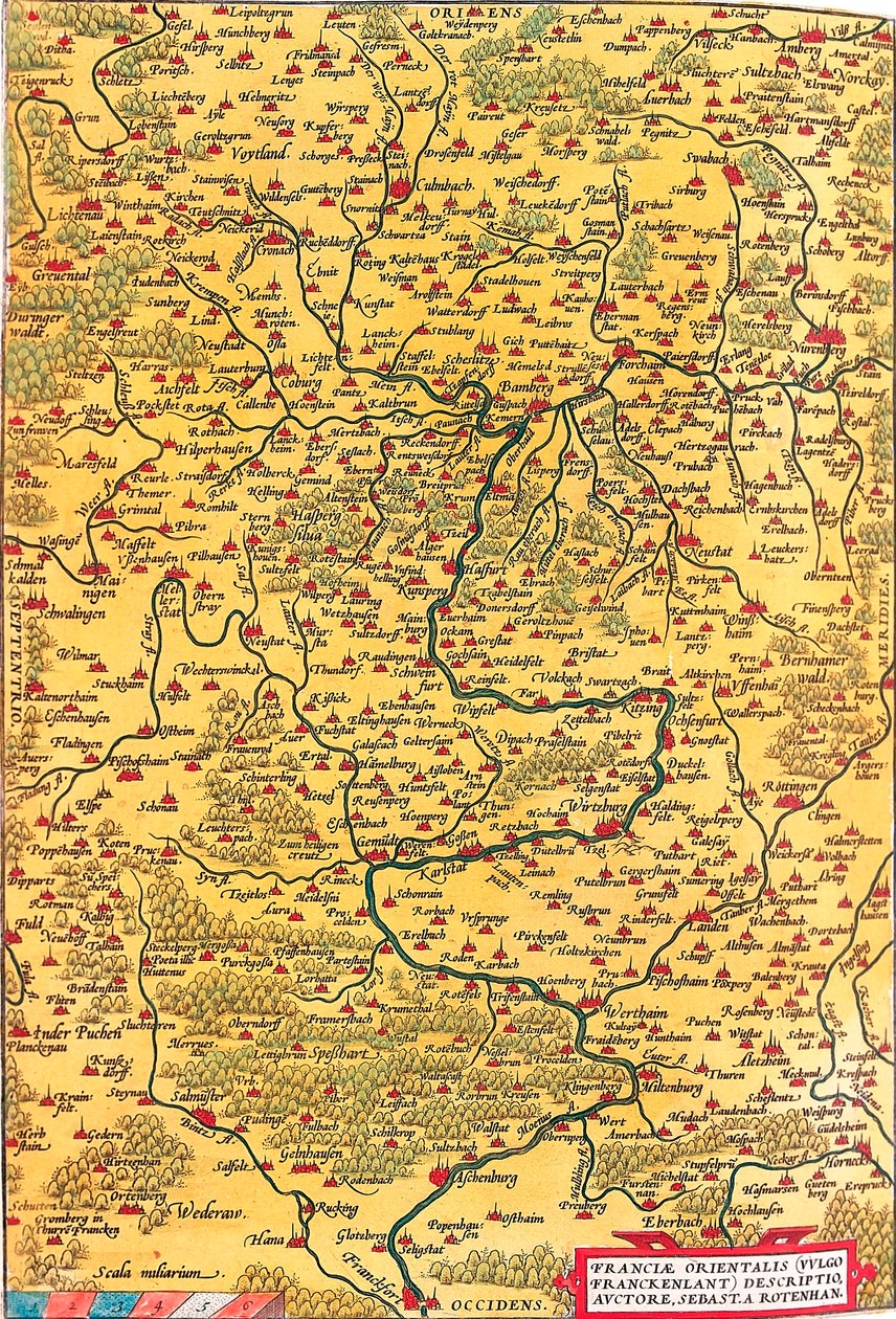 Franciae Orientalis (Vulgo/Franckenlant) Descriptio, Auctore Sebast. A. Rotenhan. Geography Map of the Territory of Franconia in Germany with the City of Frankfurt (also the City of Karlstadt) Taken from 