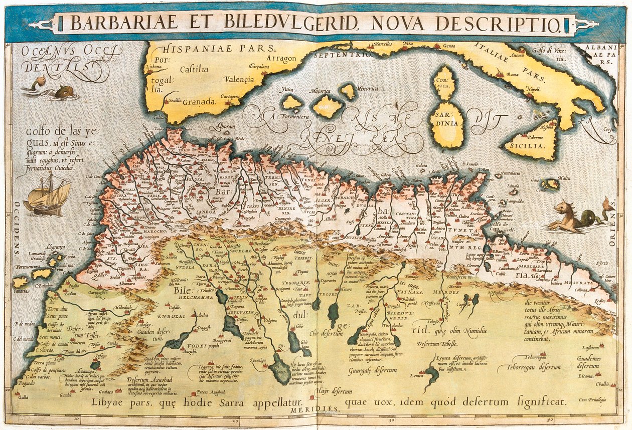 Morocco, Algeria, Tunisia, west Libya, western Sahara, Mauritania, Senegal, Mali, Niger by Abraham Ortelius