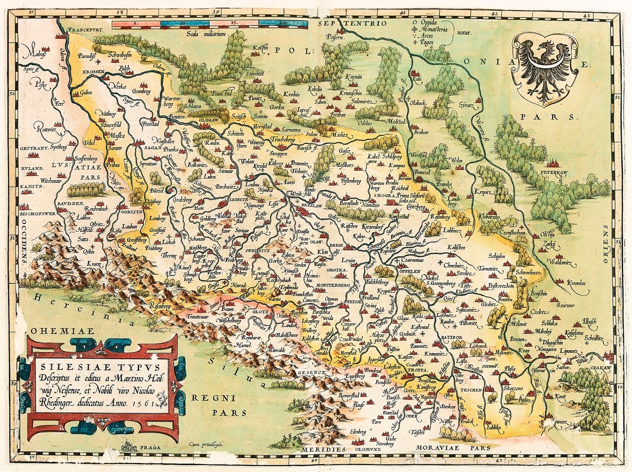 Silesia Typus Descriptio and Descriptus et Editus Martino Heilwid Neilsense, and Nobili Viro Nicolao Rhedinger Dedicatus Anno 1561 Geography Map of the Territory South of Frankfurt in Germany near Poland from 