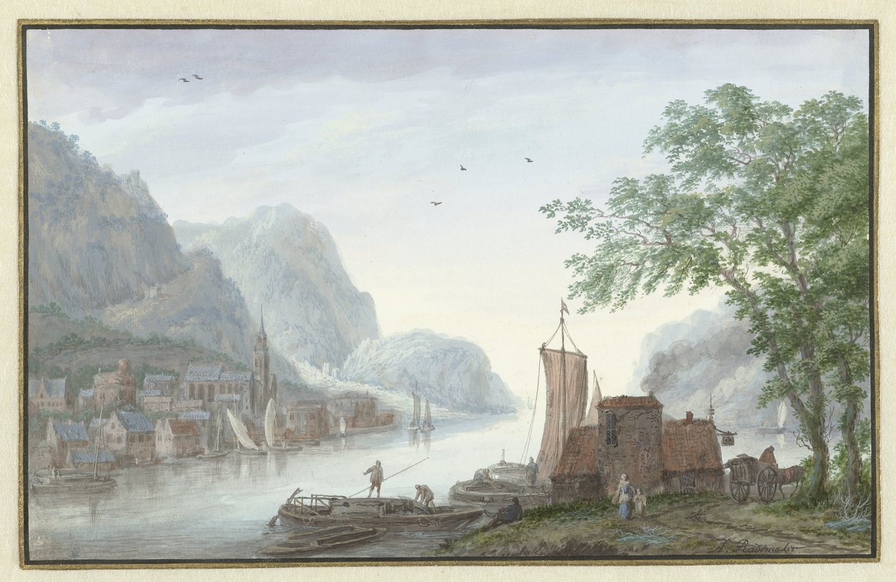 Mountainous Landscape with View of a Village by a River by Abraham Rademaker