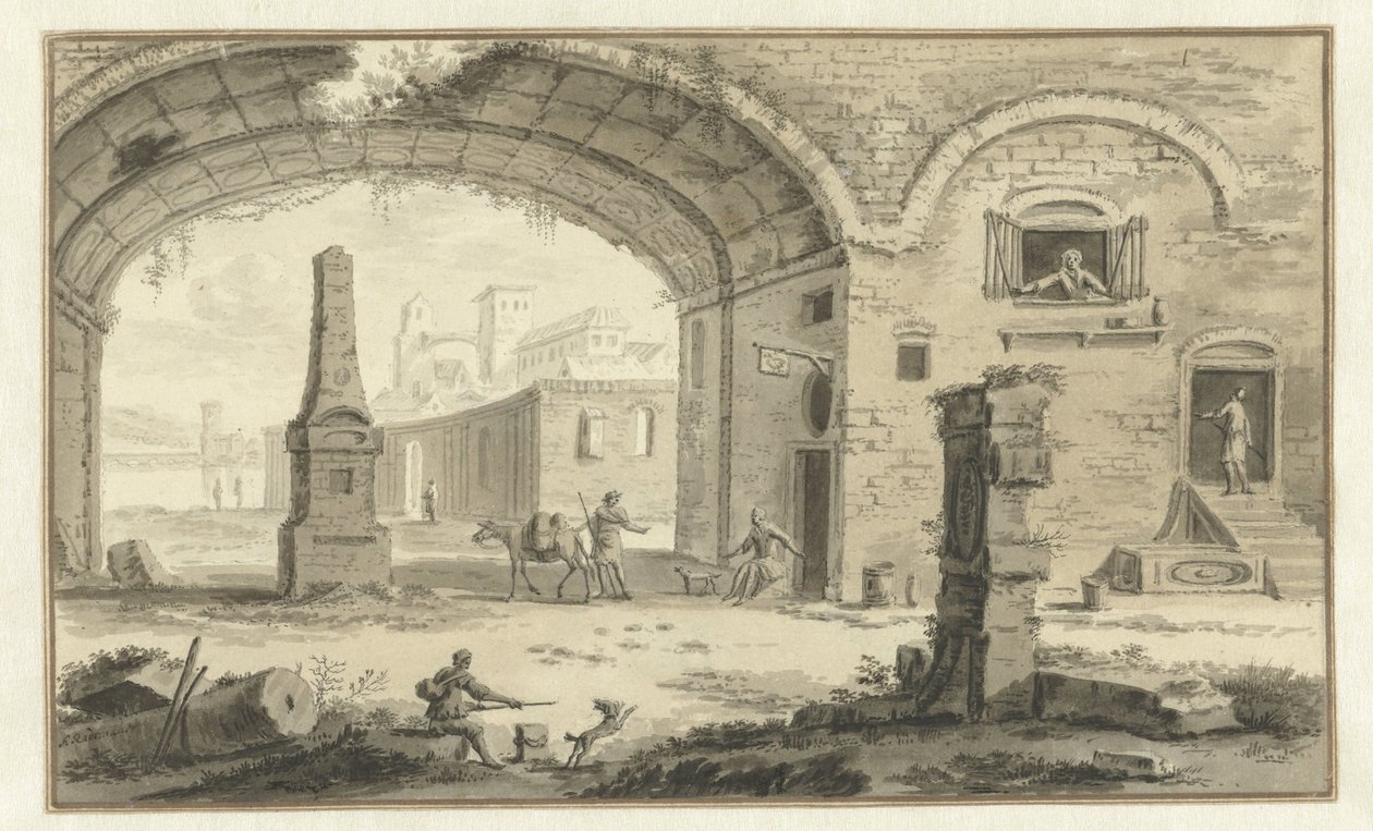Imaginary Italian Cityscape with Classical Buildings and View Through an Arch by Abraham Rademaker