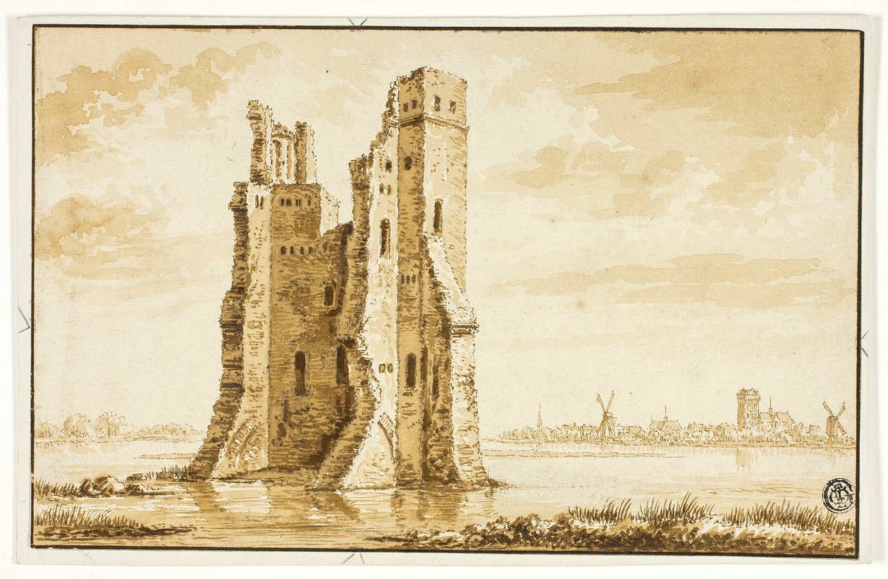 Ruins of the Merwede Manor Seen from the Front with Dordrecht in the Background by Abraham Rademaker