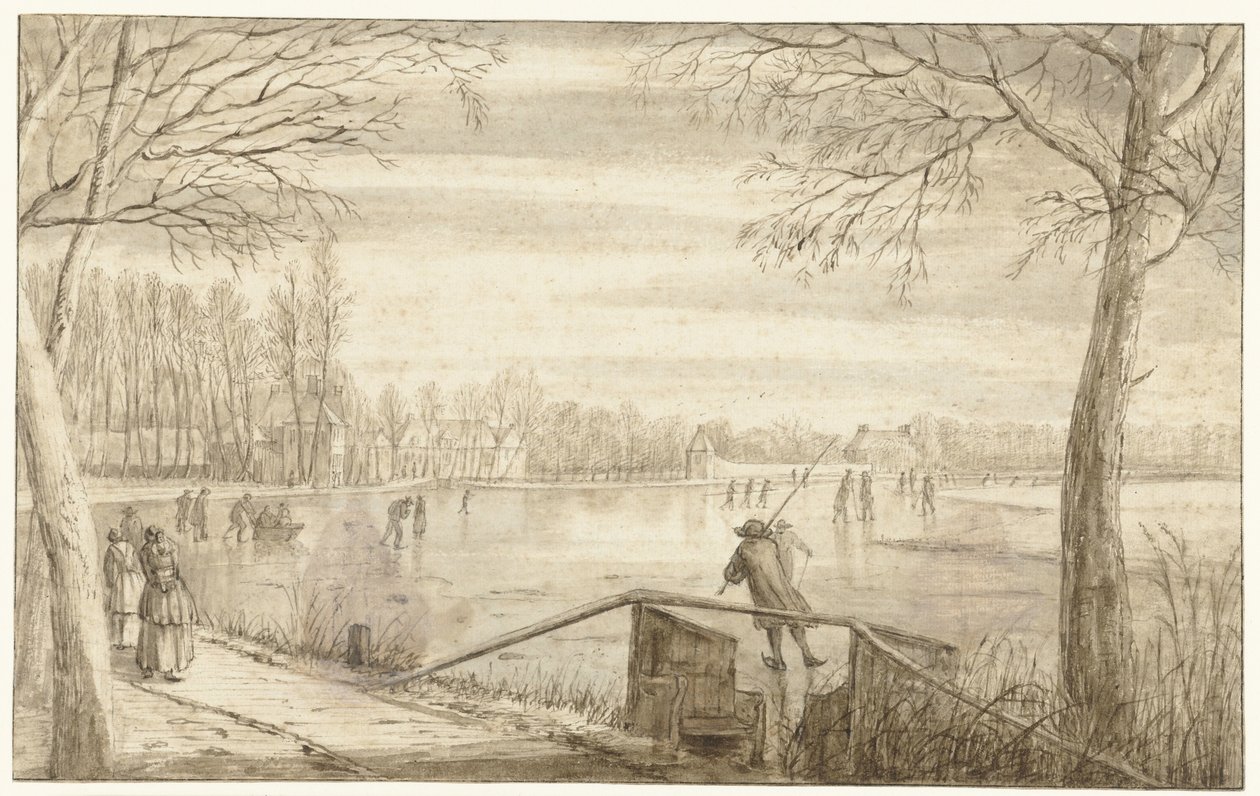 Skaters on the River Vecht, near Maarssen, with the Estates of Daelwijck and Vechthoven in the Distance by Abraham Rutgers