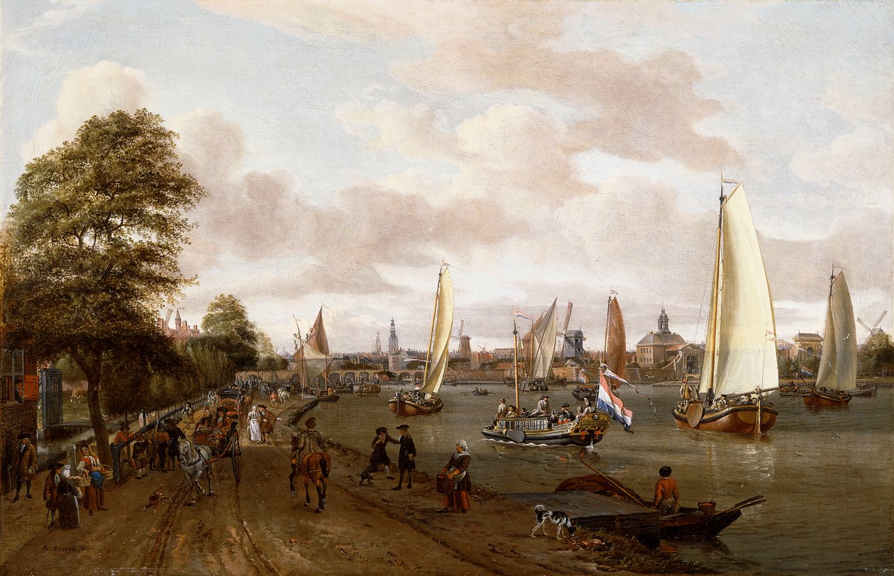 A Panoramic View of Amsterdam with a Barge and Small Ships on the Buiten-Amstel by Abraham Storck