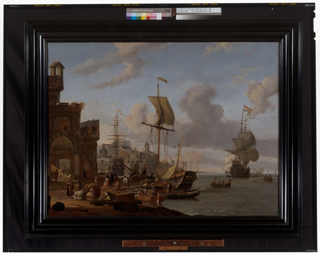 A Capriccio Mediterranean Harbour Scene with Merchants and Other Figures on the Quay Side by Abraham Storck
